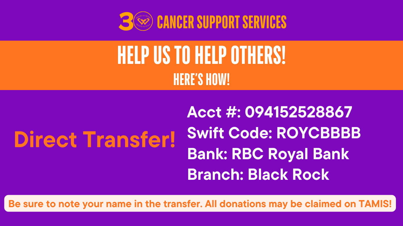 Orange text on a purple background asking for donations for Cancer Support Services