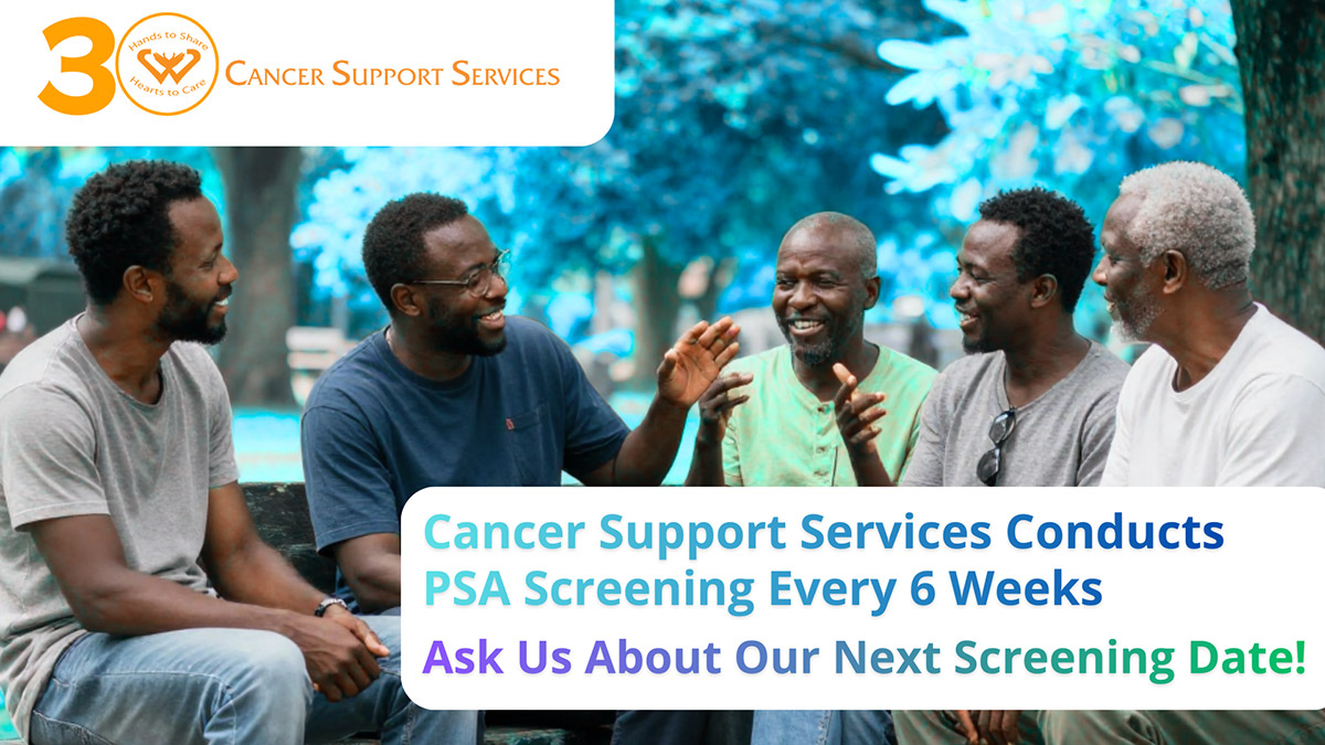 Men sitting around talking with the text PSA Screening every 6 weeks on a white background